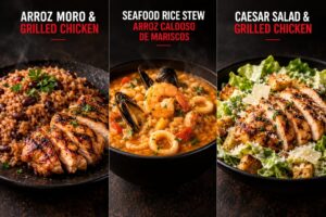 Arroz Moro & Grilled Chicken | Seafood Rice Stew – Arroz Caldoso de Mariscos | Caesar Salad & Grilled Chicken