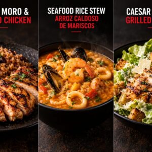 Arroz Moro & Grilled Chicken | Seafood Rice Stew – Arroz Caldoso de Mariscos | Caesar Salad & Grilled Chicken
